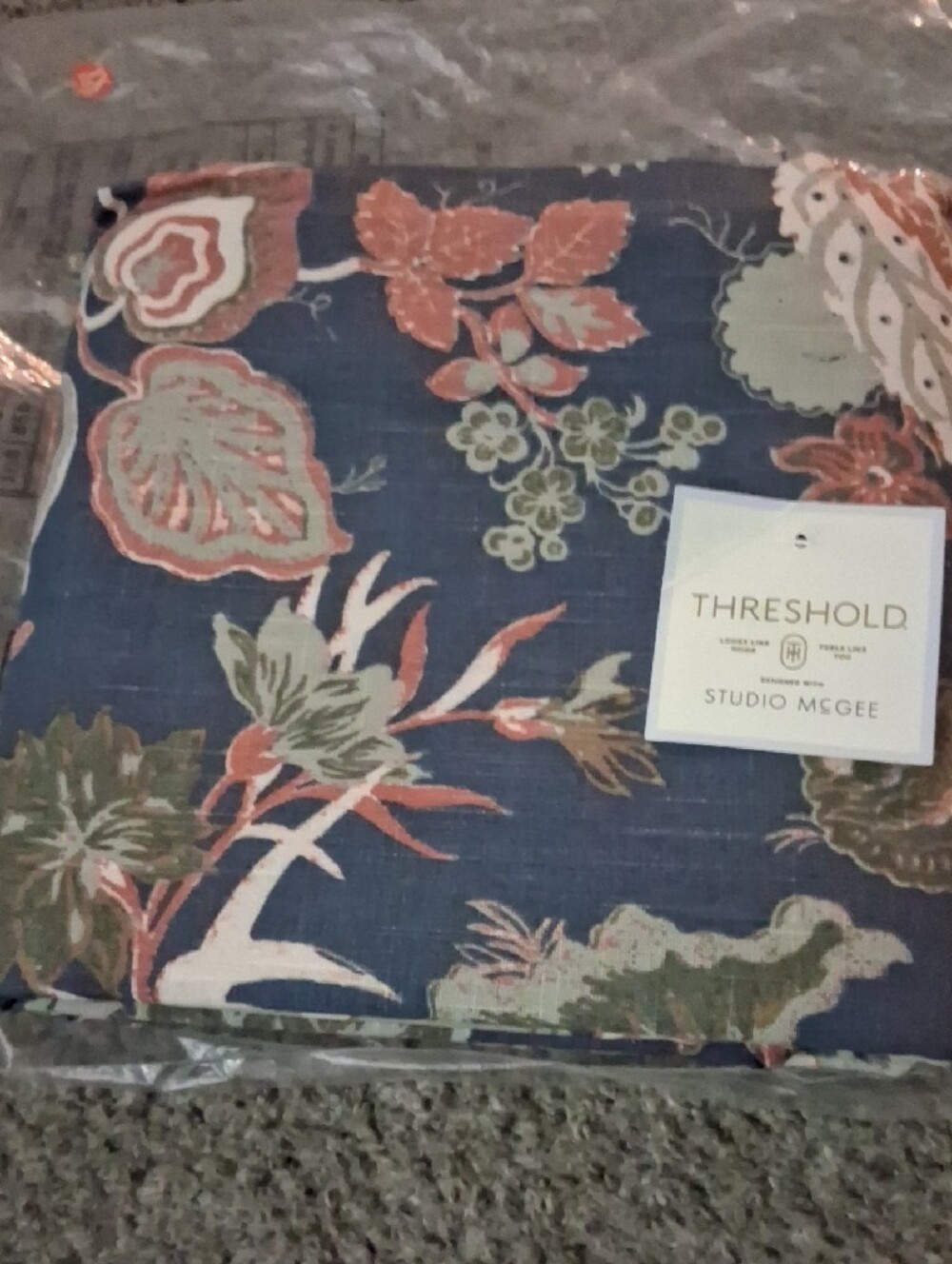 Threshold Blue Floral Tablecloth with Coral and Sage Accents